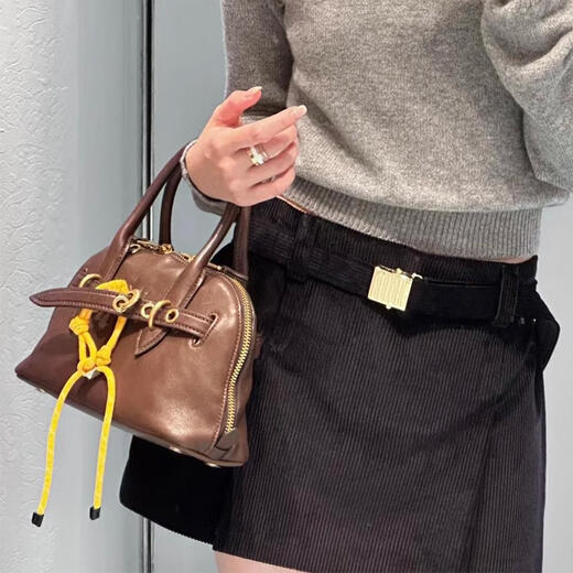 酷奇袋鼠植鞣皮复古贝壳包女手提保龄球包包高级感真皮单肩斜挎波士顿包包 咖啡色 植鞣羊皮