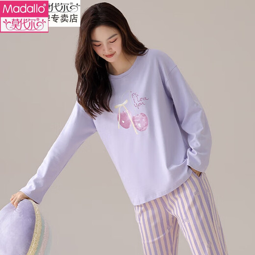维多利亚的格调（VEDORYGEDIAO）纯棉睡衣女春秋季圆领套头女士全棉休闲舒适宽松家居服套装 Y679 M