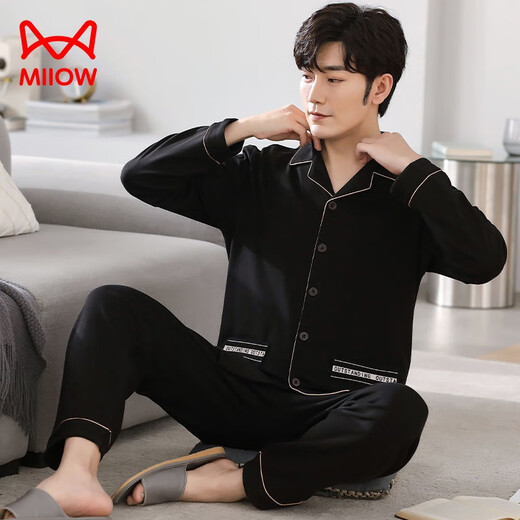 Cat Man (Miiow) Men's Pure. Pajamas de algodón Spring de manga larga y otoño de cárdigan de gran tamaño se puede usar en el exterior para ropa para hombres MZ-3523 3XL180-200JIN [Jin iguala 0.5 kg]]]