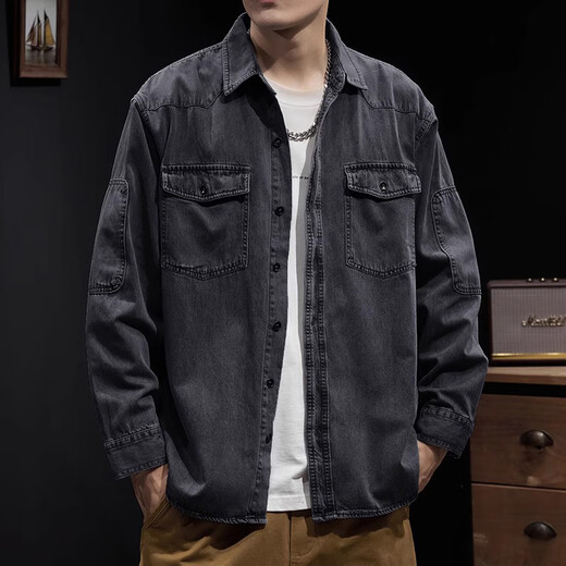 Canelin Kiskha denim shirt men's autumn outdoor heavy work jacket spring and autumn American blue wear-resistant long-sleeved shirt trend Z757 blue + Z723 black M