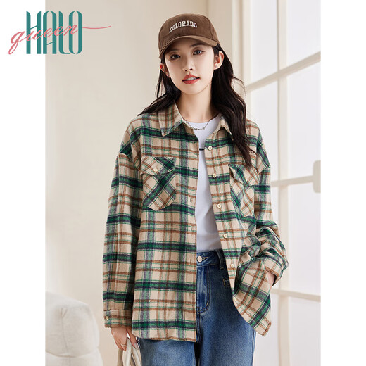 Halo Queen thick long-sleeved shirt women's autumn and winter trendy pocket plaid shirt new casual top jacket H144C6004