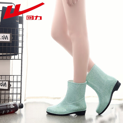 Pull back women's rain boots adult mid-calf rain boots waterproof shoes rubber shoes overshoes water boots HXL5Z3 spotted green 38
