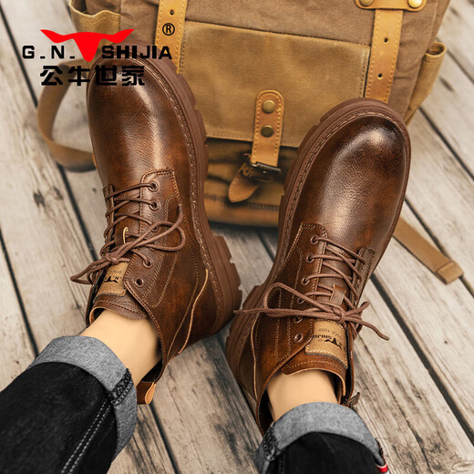 Bull Familie Martin Boots Herren echte Leder Herbst und Winter High-Top British Style Old Retro Work Boots Herren Red Brown 43