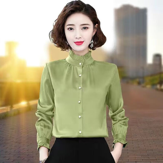 常缕竺广东普宁女士衬衫立领女长袖新款2024春秋季洋气质雪纺上衣打底衫 5012杏色 均码 s 建议80-95斤