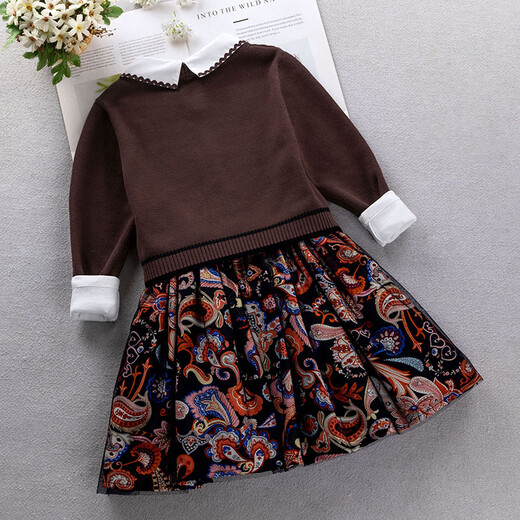 Little Bear Elf (xiaoxiongjingling) Girls Fashion Sweater Dress Autumn and Winter Children's Fashionable Princess Dress Medium and Big Children Suit Skirt Little Girls Knitted Burgundy No Velvet (Sweater Cardigan Dress Corsage) Size 150 (Recommended Height 140-150 cm)