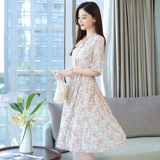 Yu Zhaolin Women's Korean Style Slim Fit Chiffon Floral Swing Skirt Fashionable Versatile Printed Short Sleeve Dress Female YWQZ203126 Beige M