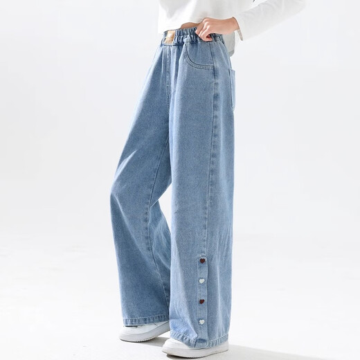 
I.KARNOW girls denim wide-leg pants children's fashionable Korean version 2025 new spring straight-leg pants medium-large children's casual trousers 13068 blue + 13062 light blue grid 120