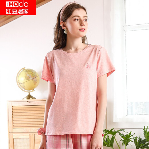 [Same style in shopping mall] Hongdou home spring and summer couple style short-sleeved pajamas for men and women patchwork embroidery pattern sports casual style home wear set Barbie pink 165/88A