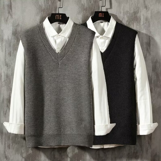 JIAYE Couple Young Student Woolen Knitted Vest Men's V-neck Pullover Sleeveless Sweater Vest Vest Thin Black [Single Vest] L