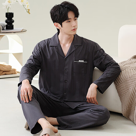 Modal Pyjamas Männer 100% reine Baumwollfeder und Herbst langärmelte Strickjacke Lose Lose große einfache lässige Herrenkleidung für Männer 06m3882 xl