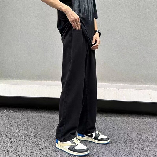 卡图弛 潮牌vintage牛仔裤男春夏季宽松直筒裤美式高街长裤休闲阔腿裤子 黑色【常规款】 L 【建议110-125斤】