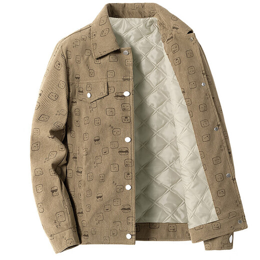 Jeanswest quilted thickened corduroy jacket men's autumn and winter cotton shirt jacket lapel work jacket full-bottom printing trend thickened off-white L