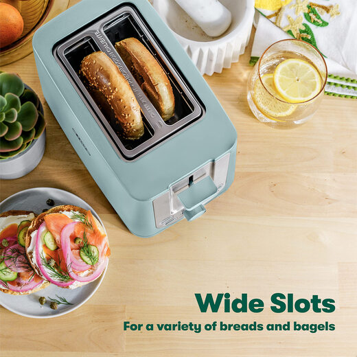BELLA 2-Slice Toaster - Auto Shut-Off Extra-Wide Trough Removable Crumb Tray Cancel/Defrost/Reheat - Light Green