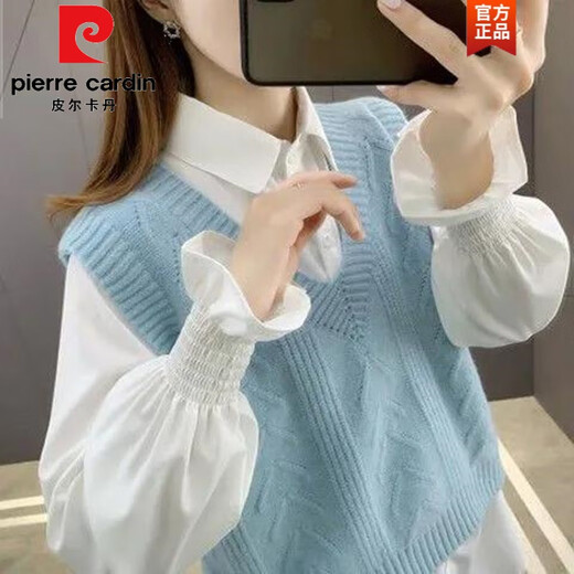 皮尔卡丹（pierre cardin）麻花马甲背心女春秋外搭2025年新款宽松v领针织毛衣马夹无袖上衣 1047杏色 L 【建议111斤-120斤】