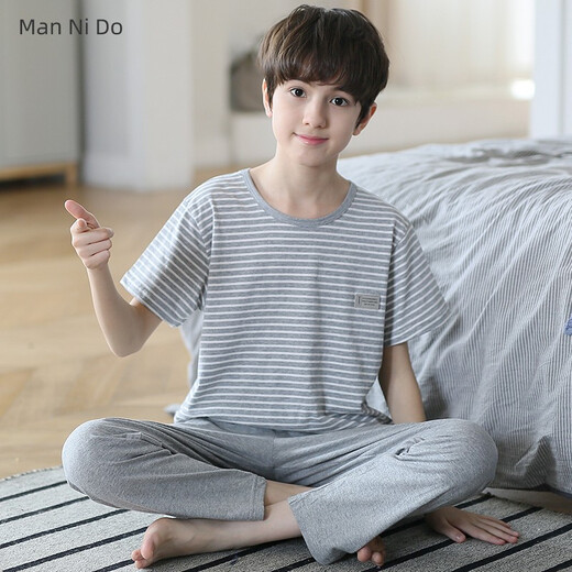 曼妮朵男童夏季薄款纯棉短袖长裤睡衣中大童男孩儿童宝宝春秋家居服套装 N9903【短长】 165 L码建议160-165cm