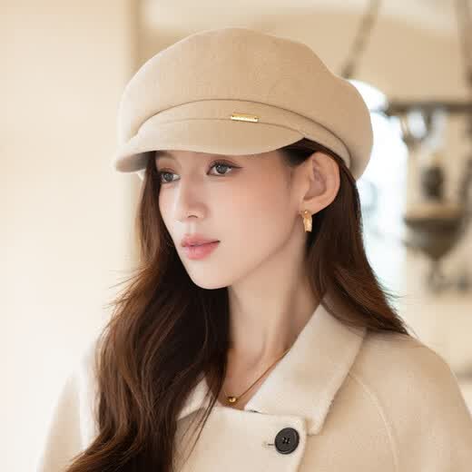 Xiangxue Yuxiu Gorro de Pato de Lana para Mujer Otoño e Invierno 2025 Nueva Boina octogonal Gorro Retro versátil y cálido para Mujer Beige