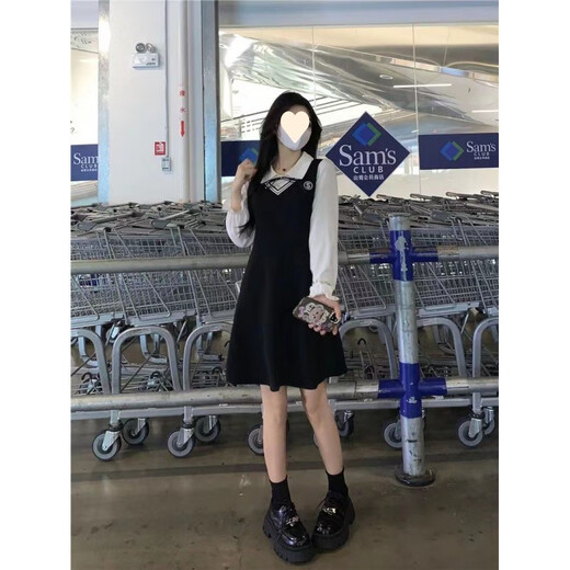 Sekong 2025 Autumn and Winter Nuevo vestido de empalme falso de dos piezas Slim Long Skirt College Black and White Color Skirt KME DMJ1098 Vestido largo XL [sugerido 115-130Jin [Jin equivale a 0.5 kg]]]