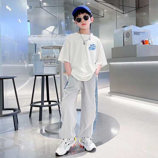 McTicco boys sports summer suit new summer thin short-sleeved children's day gift set medium-sized children's clothes 9767 black + 5725 gradient [set] 170cm
