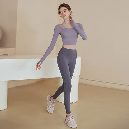 Yoga girl yoga clothing women's suit new long-sleeved sports top professional running training Pilates fitness clothing purple top + gray purple trousers M (95-110Jin Jin equals 0.5 kg)