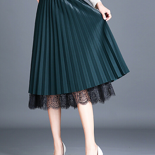 Ou Simai Skirt Women's A-line Skirt Reversible Lace Pleated Skirt Mid-Length Spring Half-length Veil Skirt XX-30180 Dark Green One Size