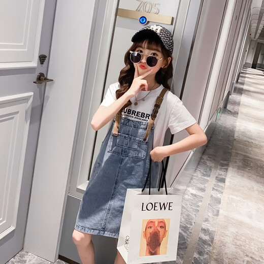 Little Gudu Bear Children's Clothing Girls Summer Dental Pants Skirt Set Short Sleeve T-shirt Children's Clothing Two-piece Girl's Dress White 120