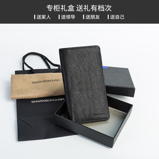sharkborough真皮男士长款钱包男 夹头层植鞣休闲时尚牛皮钱包薄款防消磁 黑色【植鞣牛皮薄款】