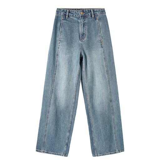 Shandubila pure cotton straight-leg jeans for women, spring and autumn long pants, loose, slim, retro, versatile women's pants, denim blue XL
