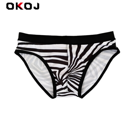 OKOJ brand triangle swim trunks for men 2023 summer new sexy low waist fashionable striped swimming trunks black and white pattern M