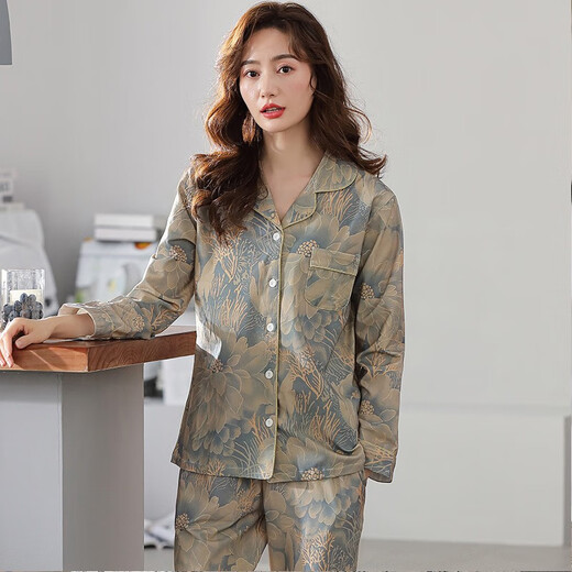 Yunzhi-Pyjamas für Frauen im Frühjahr und Herbst Pure Cotton Longleved Cardigan Lose Lose großer Größe 2025 Neue Baumwoll-Kleidungsstückset 9215-Grau-Blau XL (170): Empfohlen 120-140jin [Jin Equals Gym) zum Tragen zum Tragen