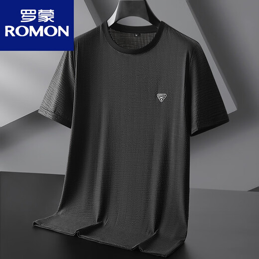 罗蒙（ROMON）大码冰丝速干短袖t恤男装潮加肥加大号弹力V领胖子鸡心领半袖 3519黑灰 7XL (250-270斤)
