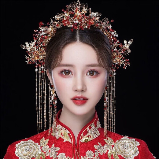 Haiyiduo bridal hair accessories, Xiuhe clothing headdress, wedding bride's tassels, walking phoenix crown, Chinese wedding dressing gown, elegant and beautiful, model headdress set + ear clip style