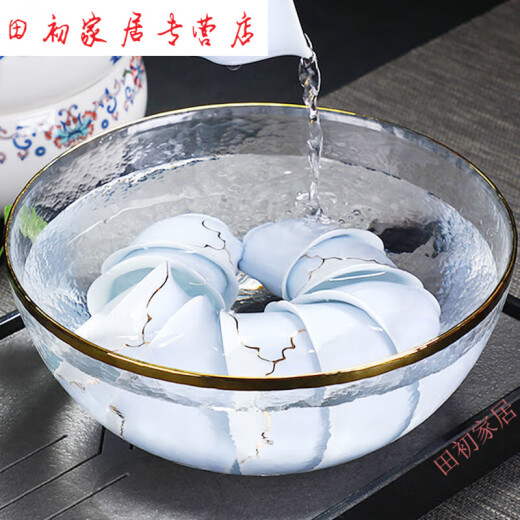Jiaqi Xiong Glass Tea Washer Large and Small Ceramic Washing Cups Built-in Water Dishwashing Bowl Household Tea Set Accessories Fruit Bowl Heat-Resistant Glass Style - Small + Bamboo Tea Clip