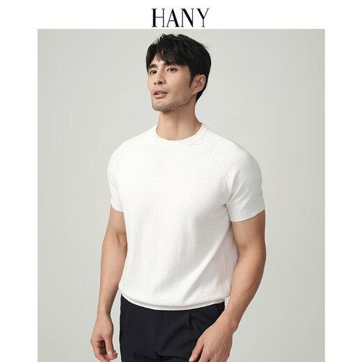 汉尼（HANY）【重磅棉t恤插肩袖】男短袖商务男士圆领白色休闲高级针织衫夏季 巴伦西光学白 【插肩袖】 M 【建议130斤以内】