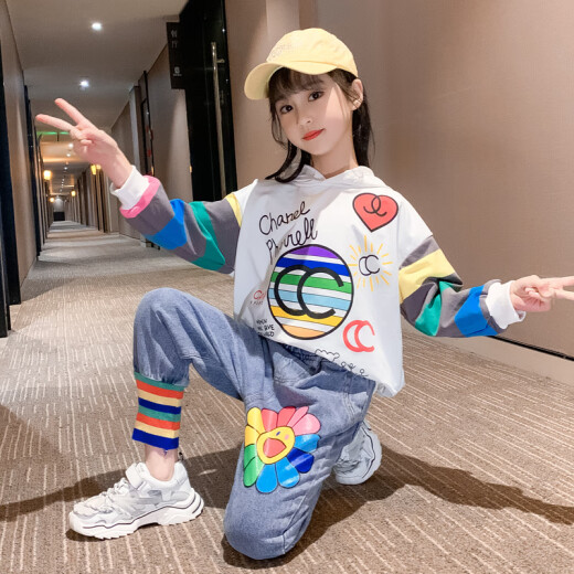 Guaimeibei children's clothing girls suit spring clothing 2022 new style Korean version for middle-aged and small girls sports rainbow sweatshirt children's spring and autumn clothing Internet celebrity two-piece set color 120cm