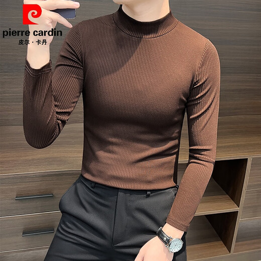 Pierre Cardin Turtleneck Bottoming Shirt Men's Thin Long Sleeve Slim 2025 New Autumn Tight Striped Mid-Collar Knitted Sweater Dark Brown 2XL Recommended 150Jin Jin is equal to within 0.5kg