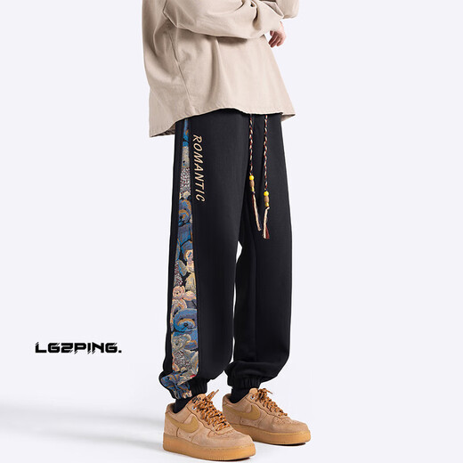 Pugesi (PUGESI) fat man large size national fashion American style leggings trendy pants men's spring and autumn loose casual sports long pants fashionable fat man black (suit) XL 125-135Jin Jin is equal to 0.5 kg