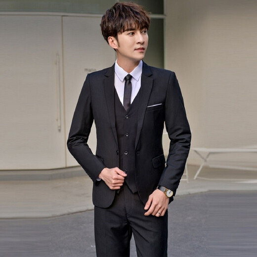 vocacool西服套装男三件套商务休闲职业正装结婚礼服大码西装学生西服外套 黑色西服外套+裤子+白衬衫+领带 L/106-119斤