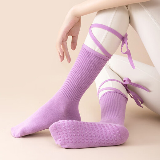 Huodiniao autumn and winter yoga socks professional non-slip women's Pilates socks strapped long-tube indoor fitness aerobics floor socks strapped mid-tube non-slip yoga socks - Hulan