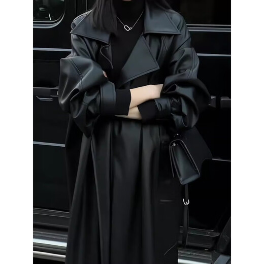MODX Hong Kong women's high-end fashion windbreaker women's loose 2024 autumn and winter new temperament mid-length leather jacket regular black version leather jacket with belt S 110Jin Jin is equal to 0.5 kg within
