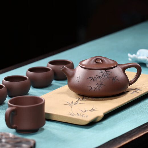 Hidden Pot World Government Subsidy Yixing Purple Clay Teapot Purely Hand-engraved Teapot Jingzhou Stone Ladle Teapot Tang Yun Stone Ladle Set