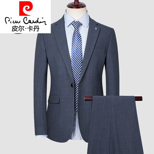 Pierre Cardin Striped Suit Men's Slim Suit Men's Business Casual Korean Style No-Iron Groom's Groomsmen's Dress 2359 Blue Two-piece Set S 165