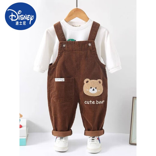 Disney baby overalls spring and autumn pure cotton boy one-year-old corduroy female little boy baby jumpsuit autumn coffee color overalls 80