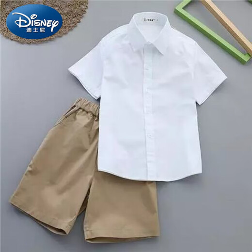 迪士尼（Disney）儿童白衬衫黑裤子男童演出服套装夏季短袖薄款衬衣短西裤两套 男短袖+藏青中裤+纯藏青领带 160 cm