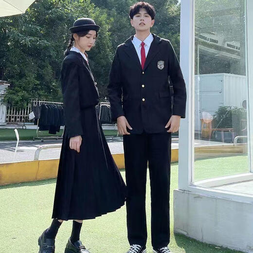Wangyuesa High School Schülern Kleid Anzug Boy Anzug College -Paar Abschlusskleiderklasse Anzug Sommerstudent Männer Weiß Langarm Shirt Schwarz Hosen Anzug Schwarz Krawatte xl