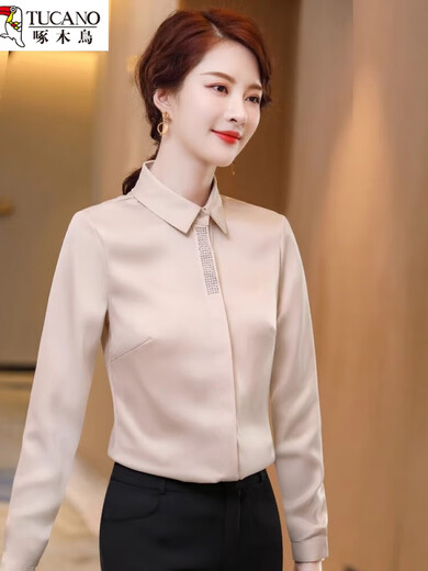 Woodpecker acetate satin shirt for women 2026 new autumn and winter velvet thickened small high-end professional chiffon shirt top single white shirt 1 S (suitable for 8089Jin Jin equal to 0.5 kg)