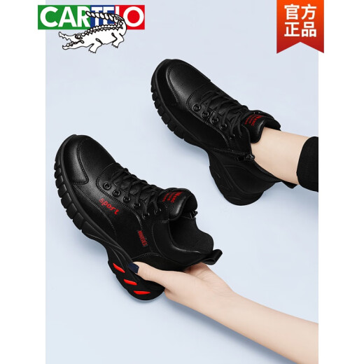 CARTELO Genuine Leather Sports Shoes Women's Black 2024 Autumn and Winter New Soft Sole High Top Mom Leather Shoes Dad Sports Shoes JST11111 Black Red [Single Mile] 35
