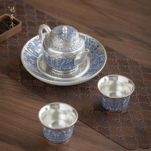 Heritage order high-end gilt silver one pot and two cups kung fu tea set teapot high-end gift box for leaders and elders gilt silver Fulong Gaozhao Yuanzheng teapot set one pot and two cups gift box