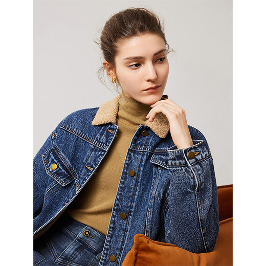 Navigare Italian small sailing boat women's cotton wool collar denim jacket short retro jacket 2341904501 Blue M