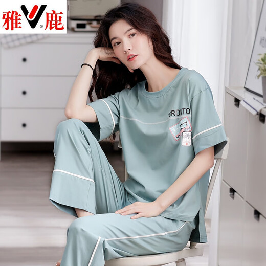 Yalu-Pyjamas für Frauen im Sommer Pure Cotton Kurzärmerhosen im Sommer 2024 Neue Frühlings- und Herbst-Sommer-Heimkleidung Set 7374 m [Empfohlen 80-105 Jin [Jin Equals 0,5 kg]]