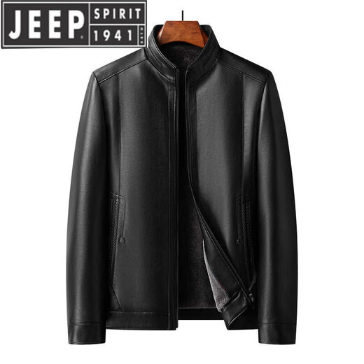 JEEP SPIRIT dad winter leather jacket middle-aged men's stand-up collar plus velvet leather jacket middle-aged and elderly casual thickened warm coat top brown fur collar 180 weight 130-150 Jin Jin is equal to 0.5 kg